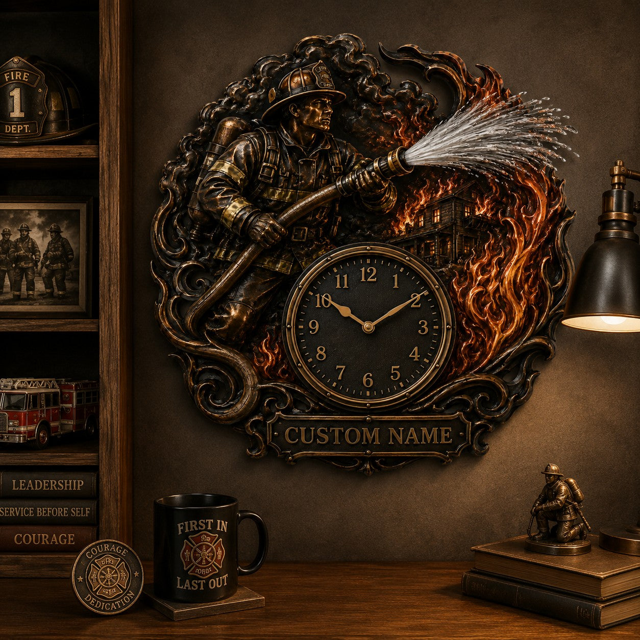 Personalized Fire Station Wall Clock with Custom Name — personalized with a custom name