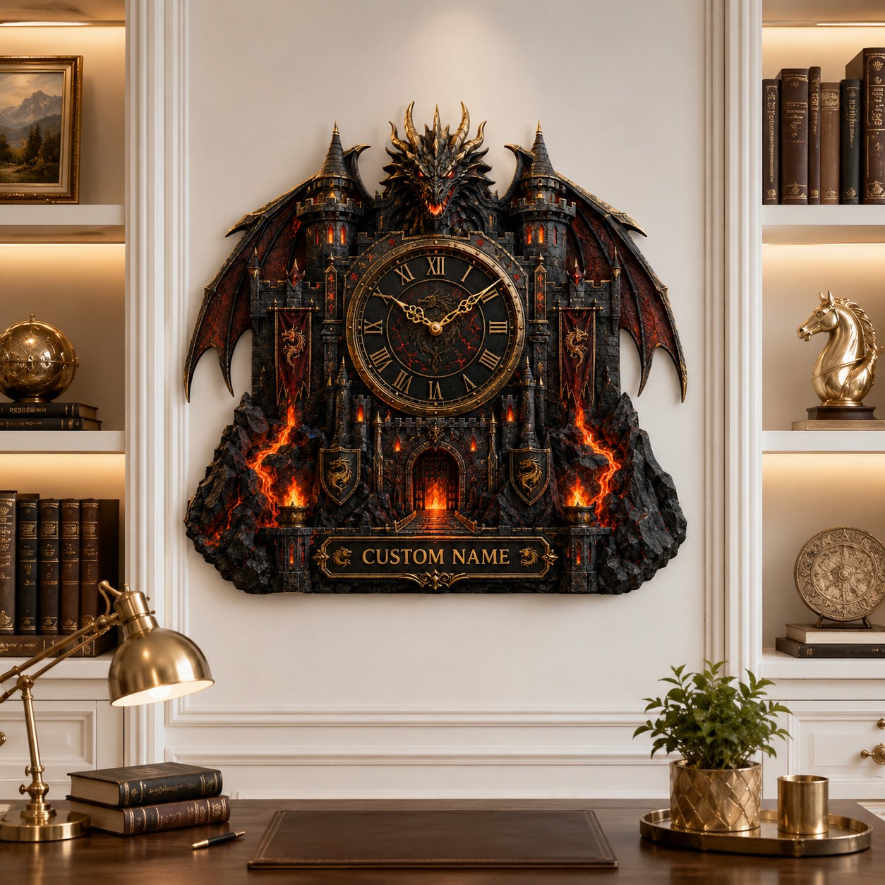 Personalized Dragon Fortress Wall Clock with Custom Name — personalized with a custom name