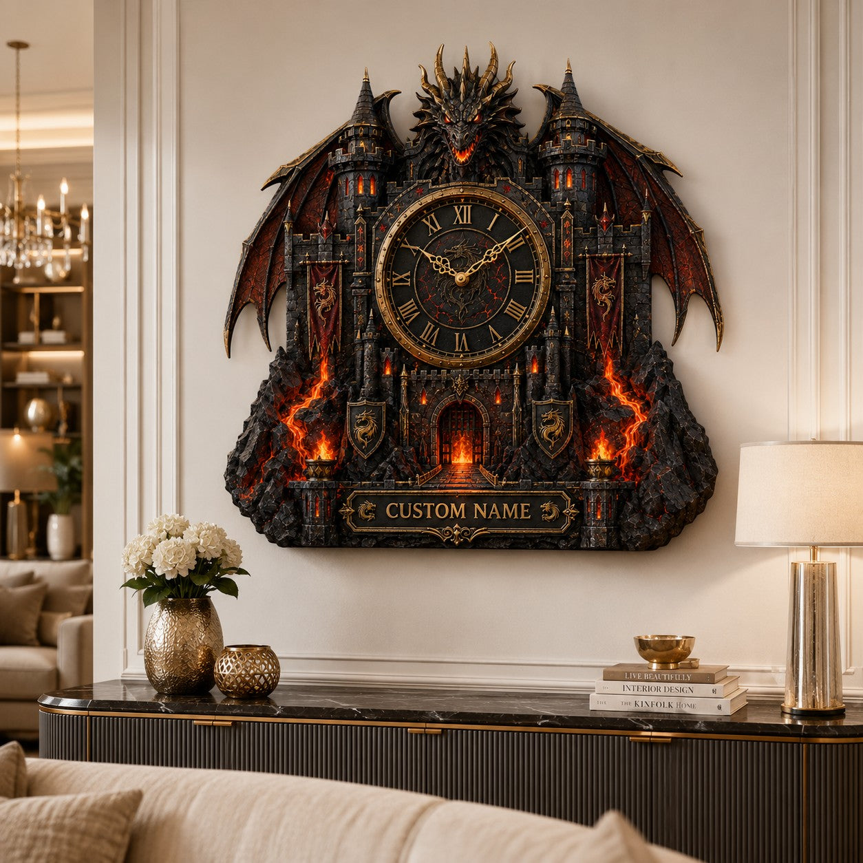 Personalized Dragon Fortress Wall Clock with Custom Name — personalized with a custom name