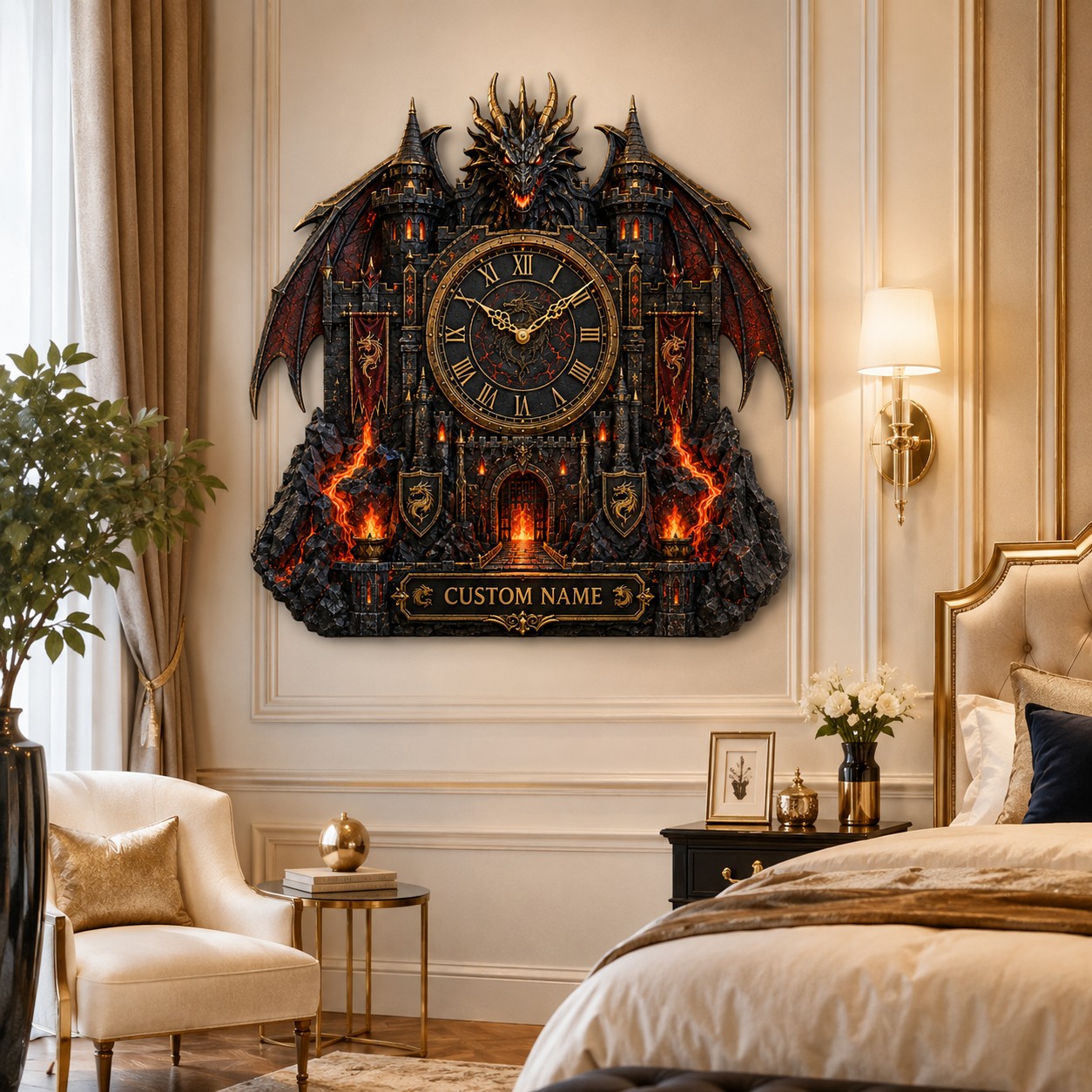 Personalized Dragon Fortress Wall Clock with Custom Name — personalized with a custom name