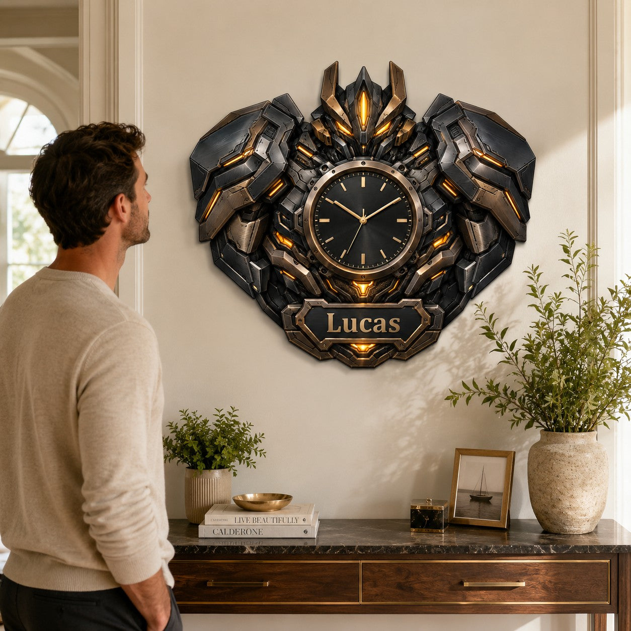 Personalized Bronze Robot Wall Clock with Custom Name — personalized with a custom name
