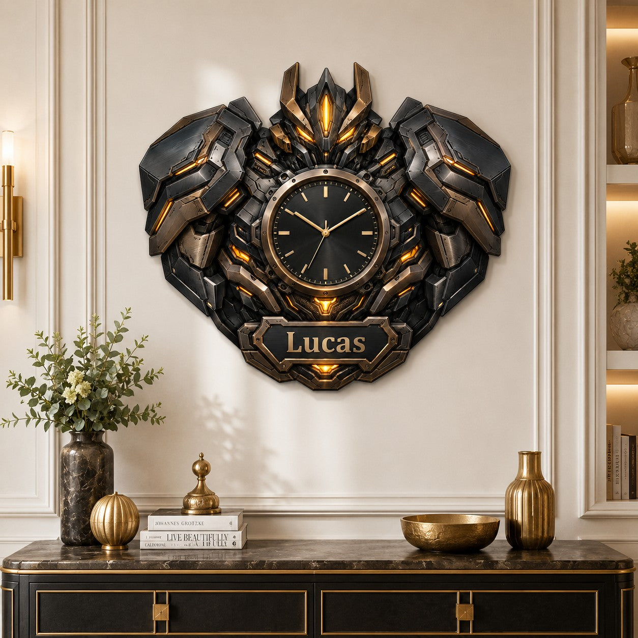 Personalized Bronze Robot Wall Clock with Custom Name — personalized with a custom name