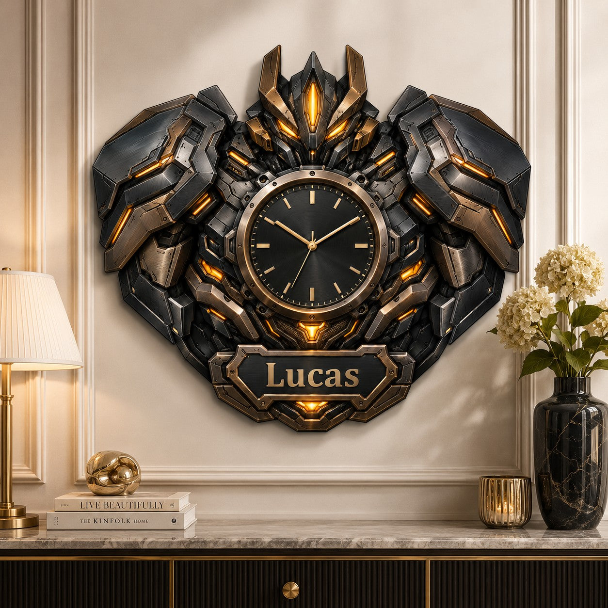 Personalized Bronze Robot Wall Clock with Custom Name — personalized with a custom name