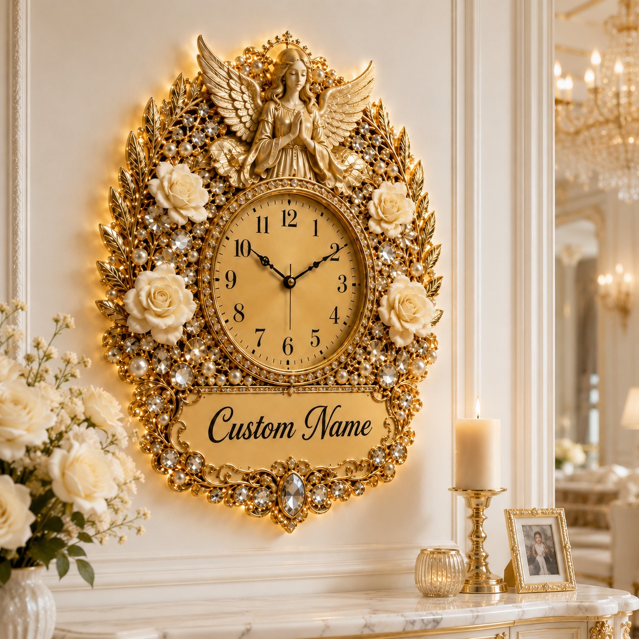 Personalized White Rose Angel Memoria Wall Clock with Custom Name — personalized with a custom name