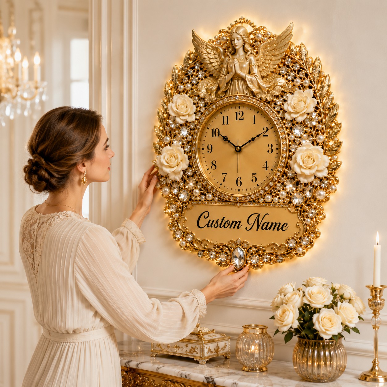 Personalized White Rose Angel Memoria Wall Clock with Custom Name — personalized with a custom name