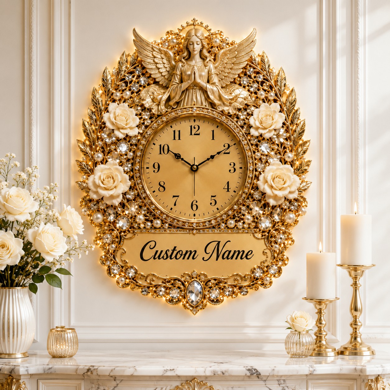 Personalized White Rose Angel Memoria Wall Clock with Custom Name — personalized with a custom name