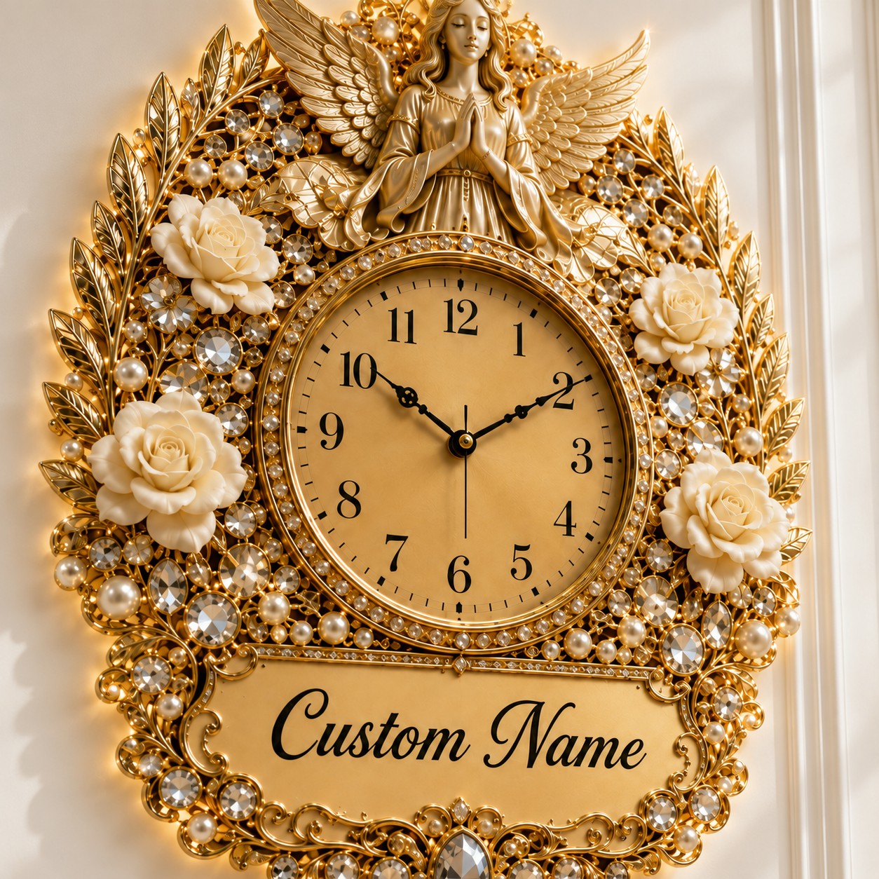 Personalized White Rose Angel Memoria Wall Clock with Custom Name — personalized with a custom name