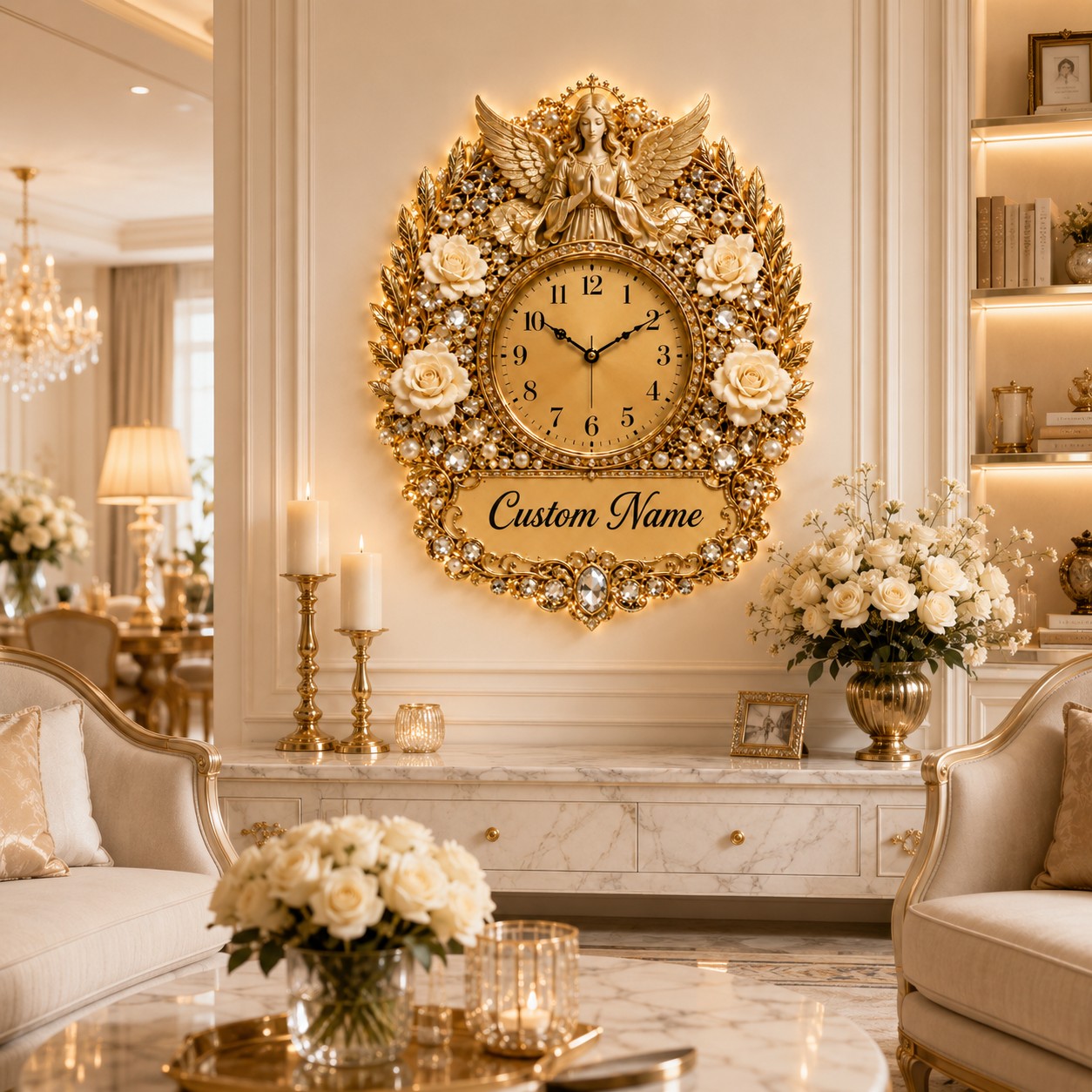 Personalized White Rose Angel Memoria Wall Clock with Custom Name — personalized with a custom name