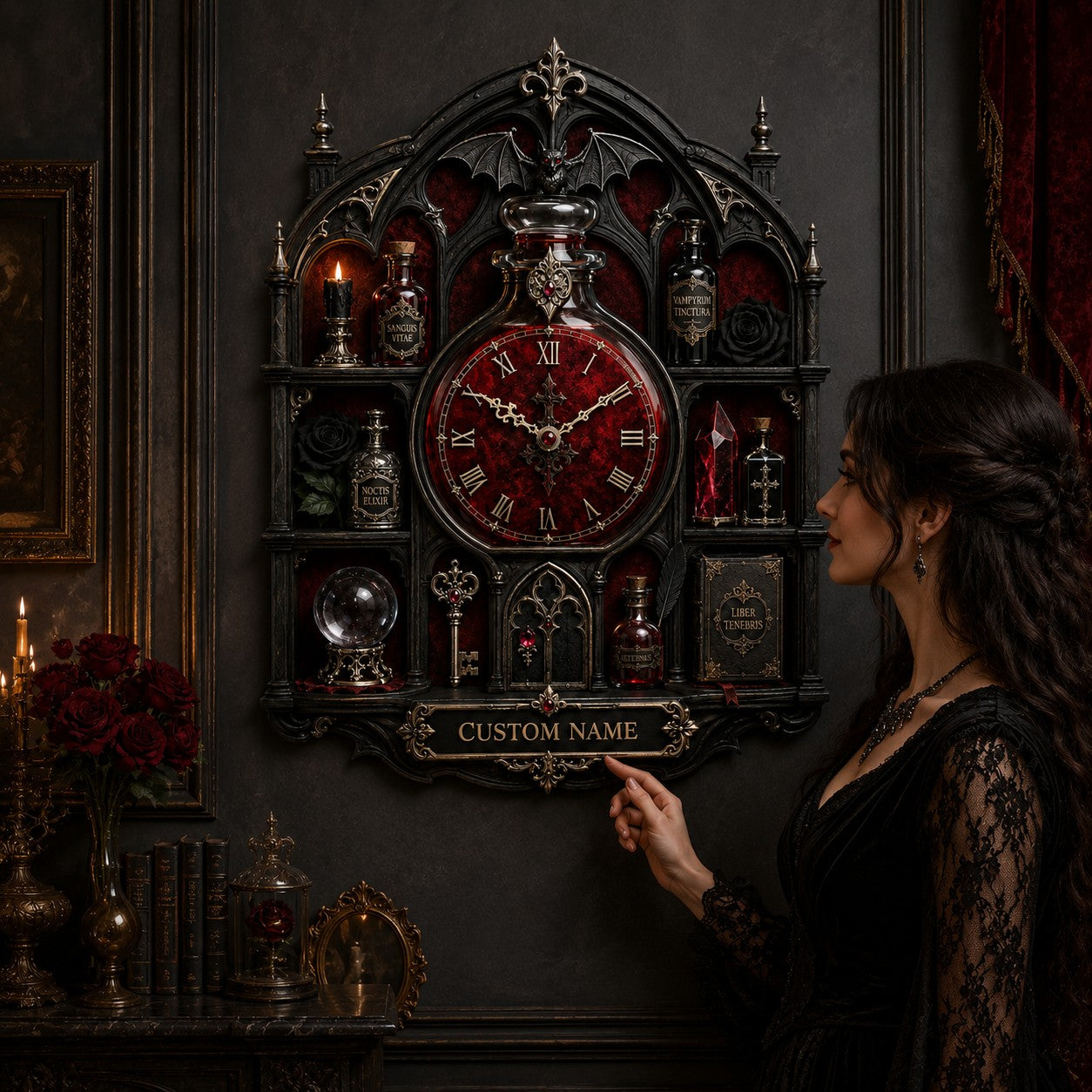 Personalized Gothic Apothecary Wall Clock with Custom Name — personalized with a custom name