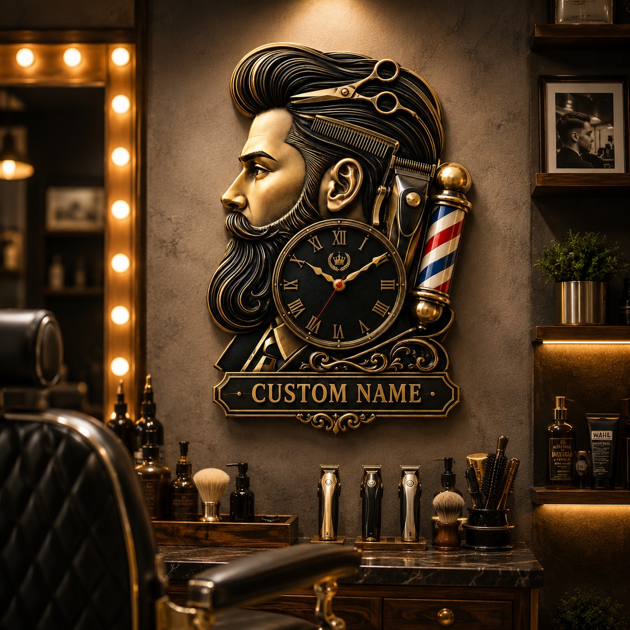 Personalized Barber Shop Wall Clock, Custom Name Gift for Barbers — personalized with a custom name