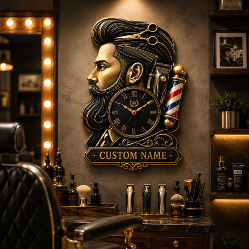 Personalized Barber Shop Wall Clock, Custom Name Gift for Barbers — personalized with a custom name