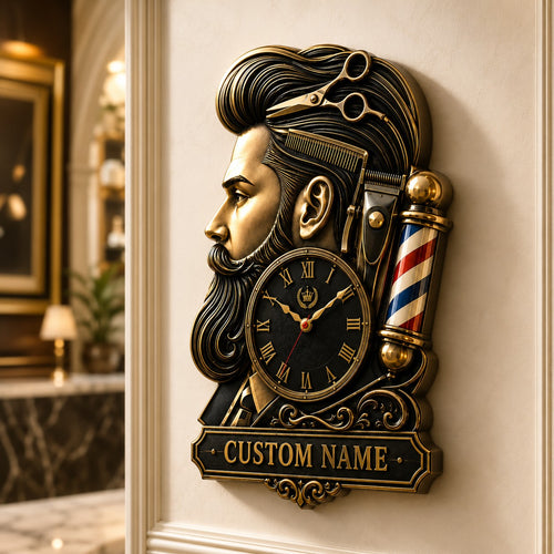 Personalized Barber Shop Wall Clock, Custom Name Gift for Barbers — personalized with a custom name