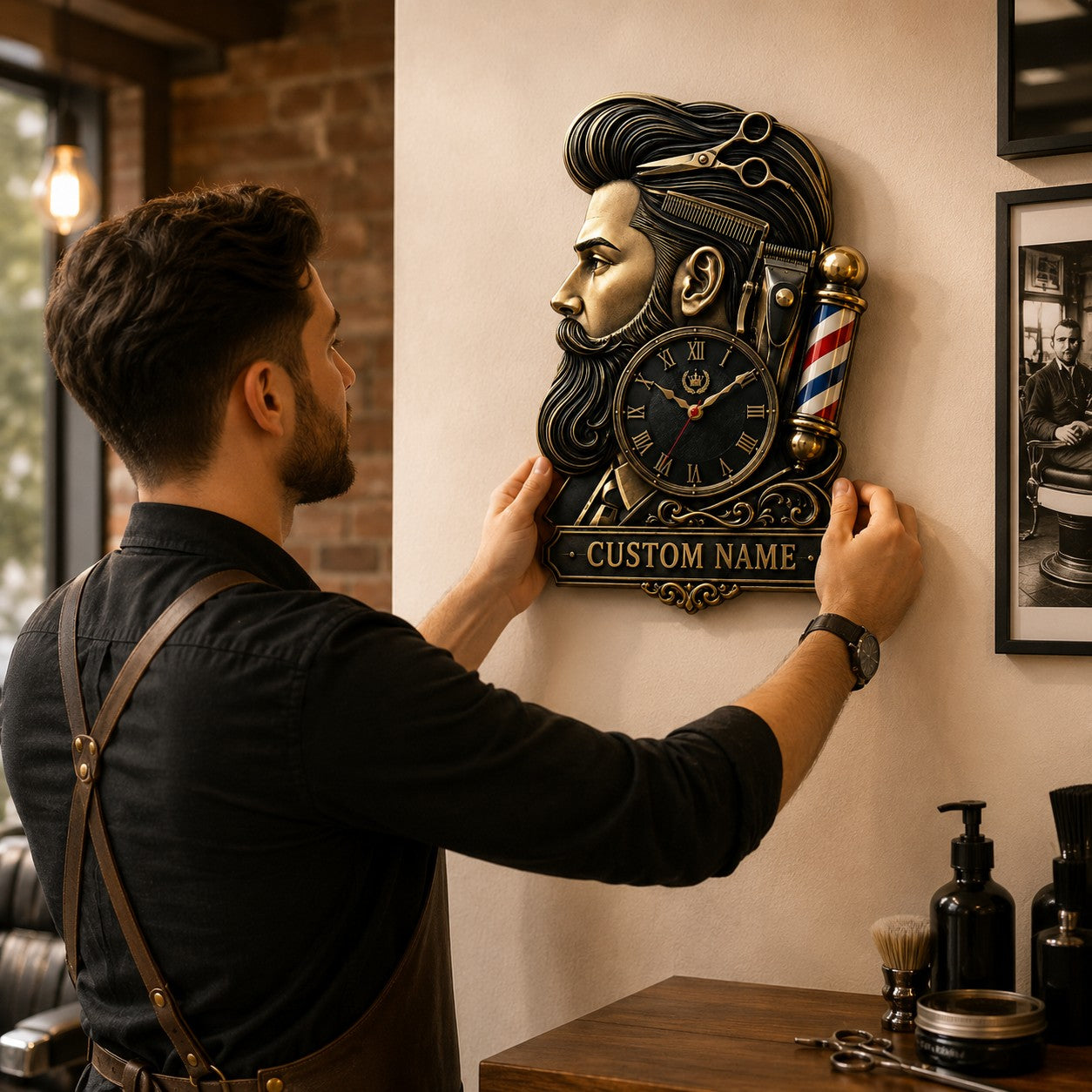 Personalized Barber Shop Wall Clock, Custom Name Gift for Barbers — personalized with a custom name