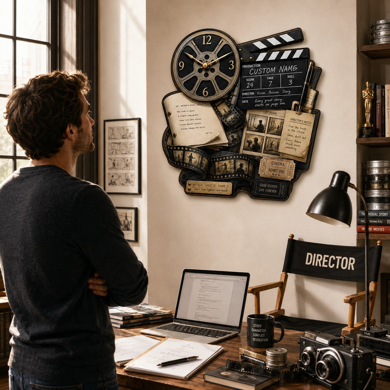 Personalized Filmmaker Book Lovers Wall Clock with Custom Name — personalized with a custom name