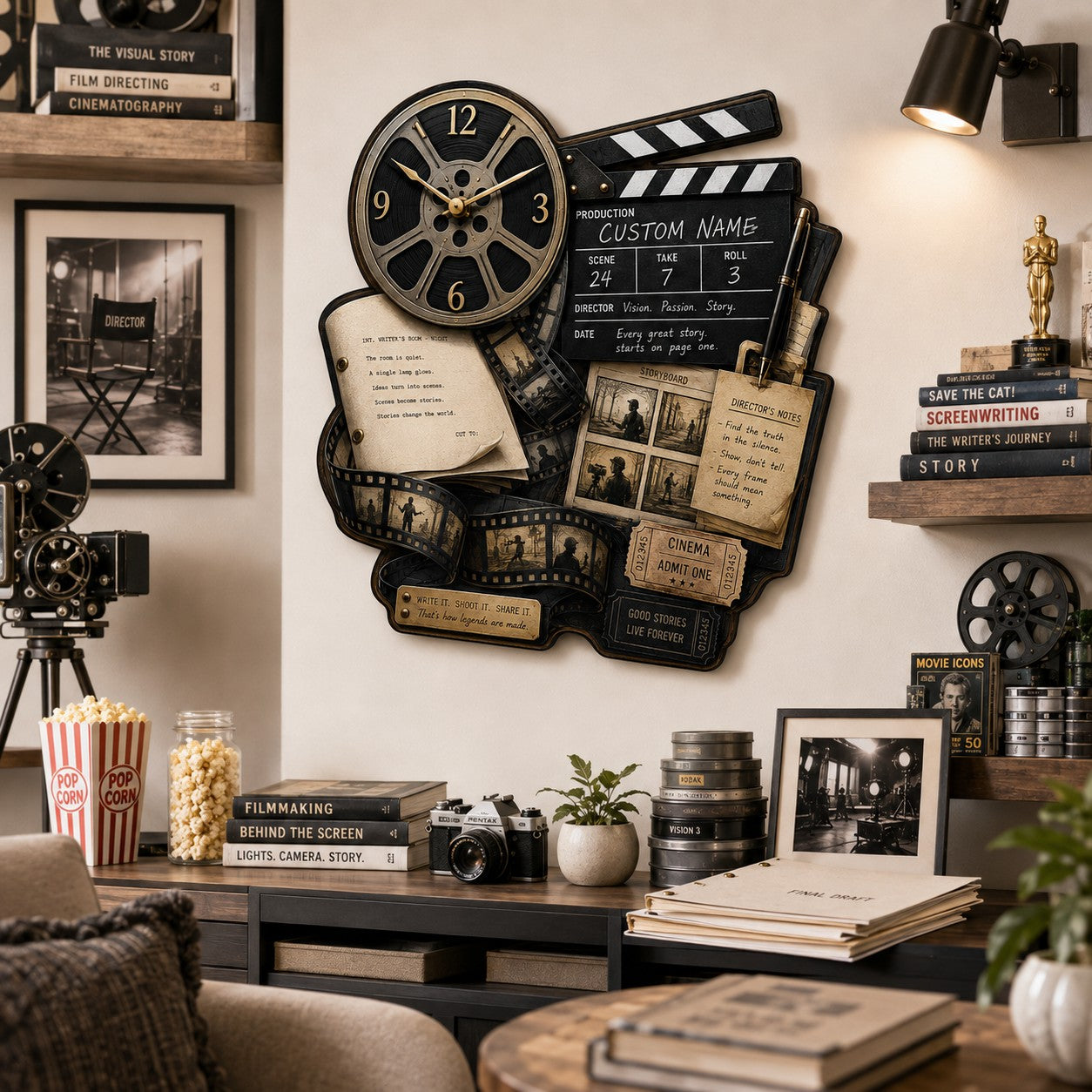 Personalized Filmmaker Book Lovers Wall Clock with Custom Name — personalized with a custom name