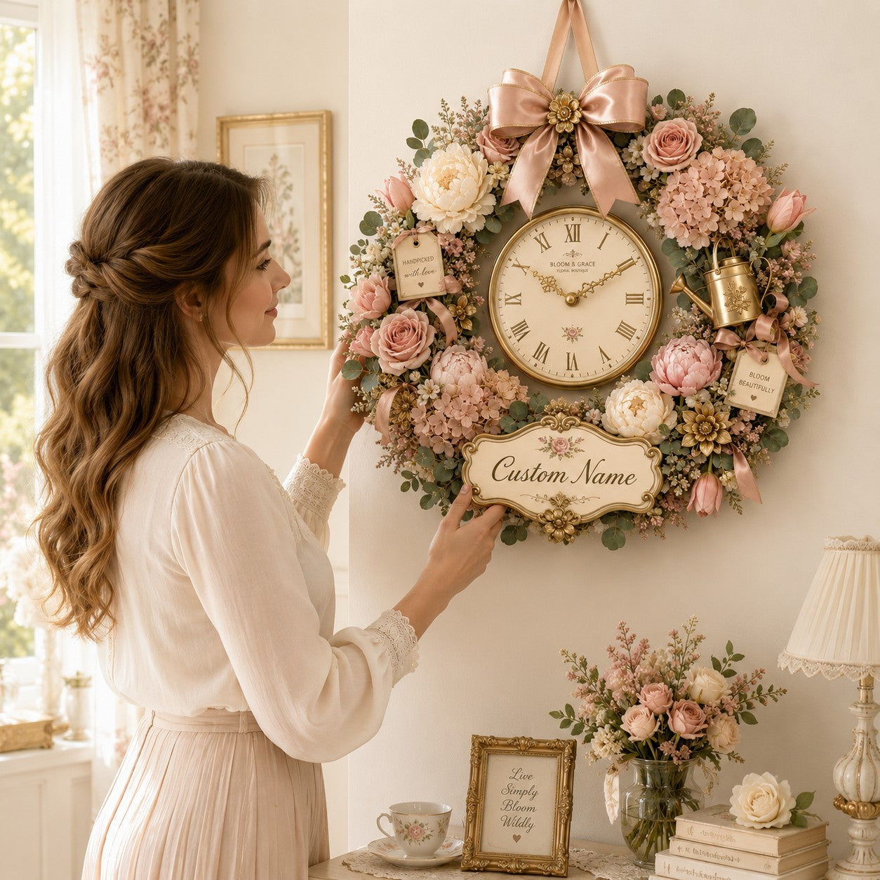 Personalized Floral Wreath Wall Clock with Custom Name — personalized with a custom name