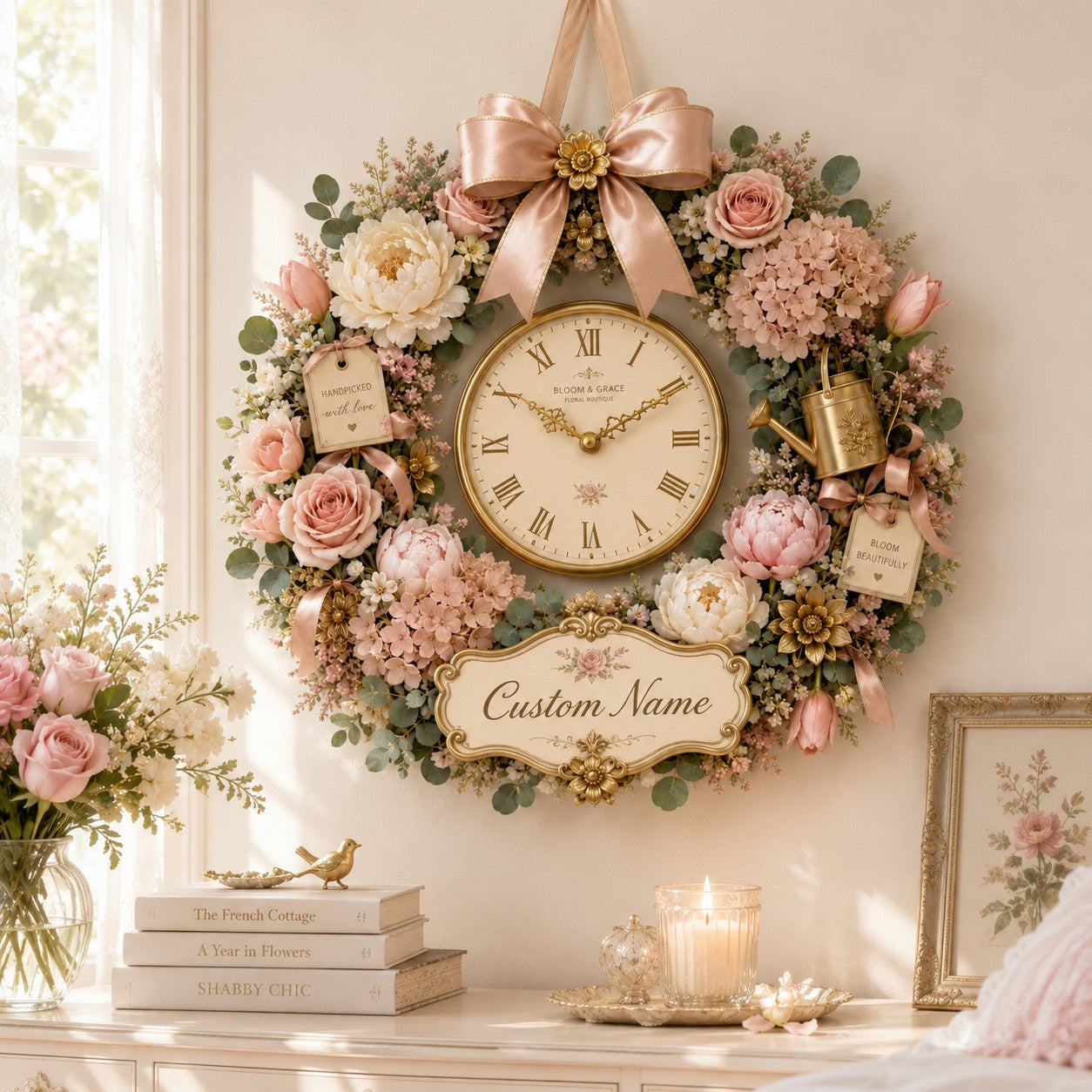 Personalized Floral Wreath Wall Clock with Custom Name — personalized with a custom name