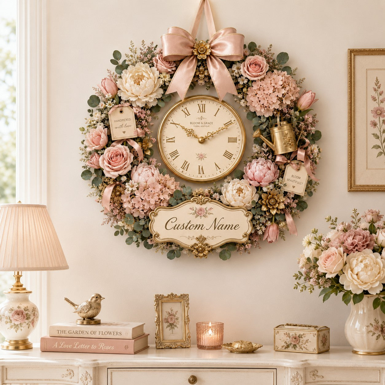 Personalized Floral Wreath Wall Clock with Custom Name — personalized with a custom name