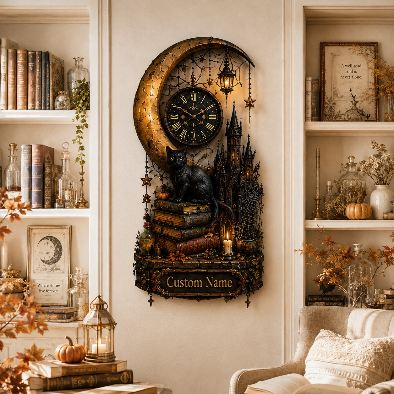 Personalized Moonlit Black Cat Wall Clock with Custom Name — personalized with a custom name