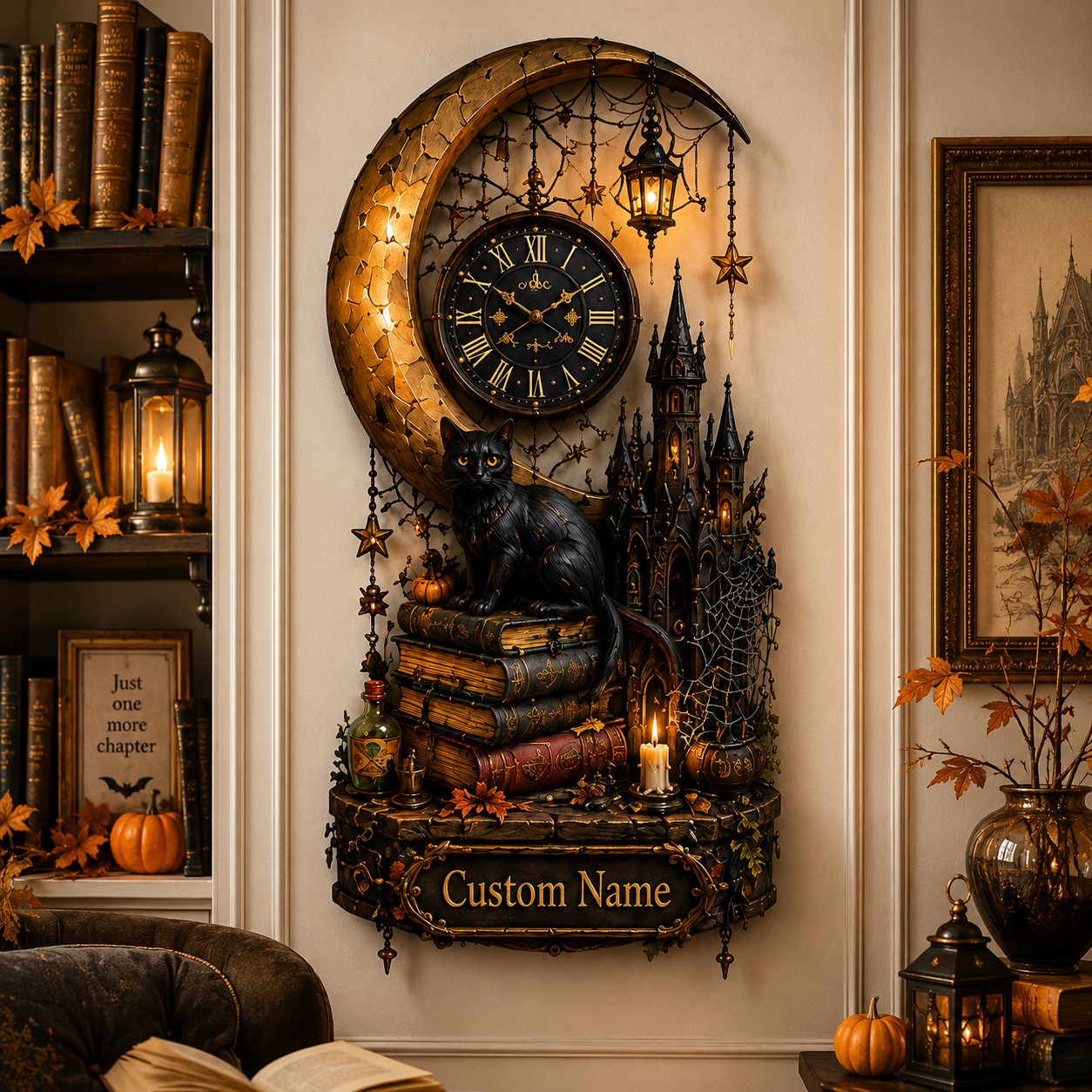 Personalized Moonlit Black Cat Wall Clock with Custom Name — personalized with a custom name