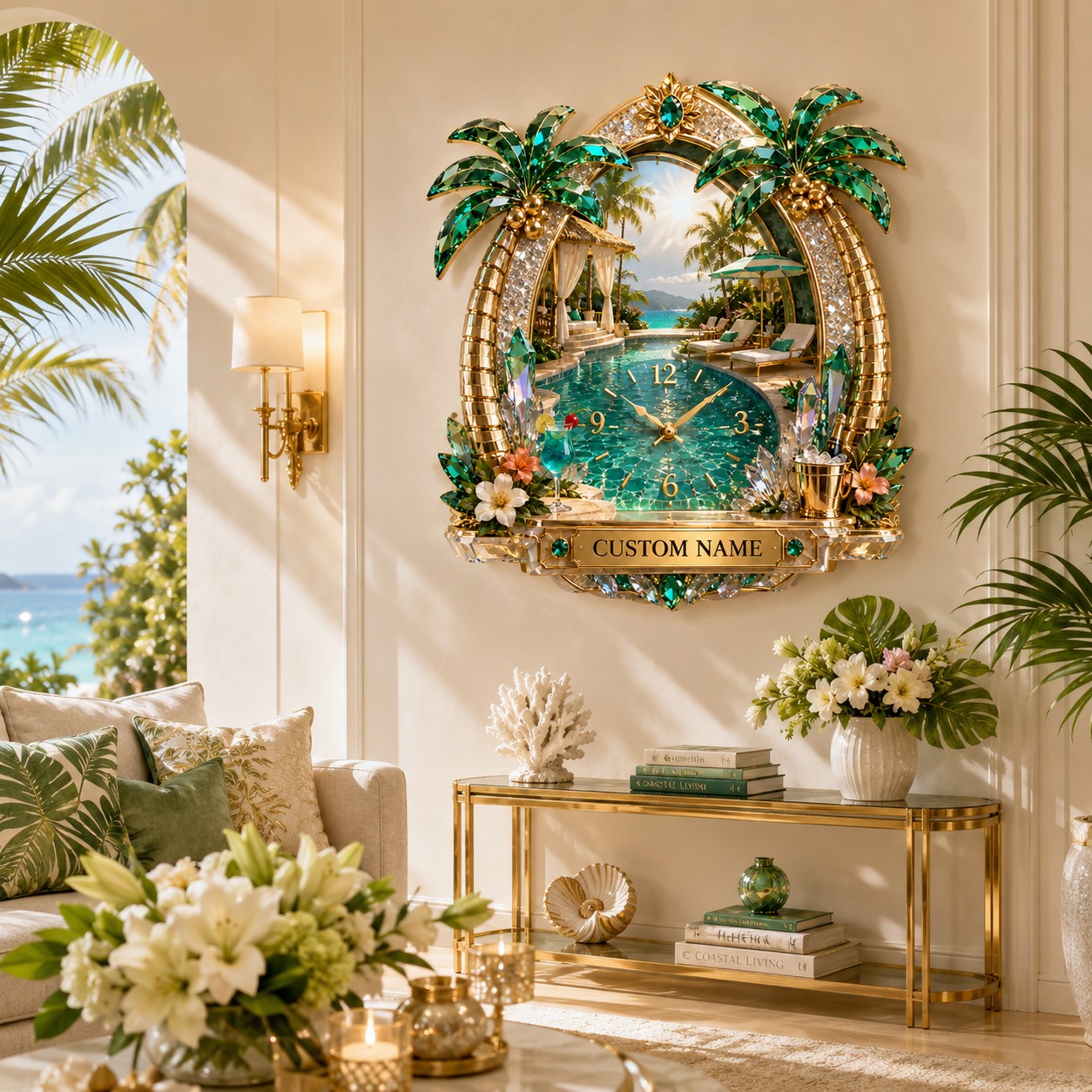 Personalized Tropical Pool Wall Clock with Custom Name — personalized with a custom name
