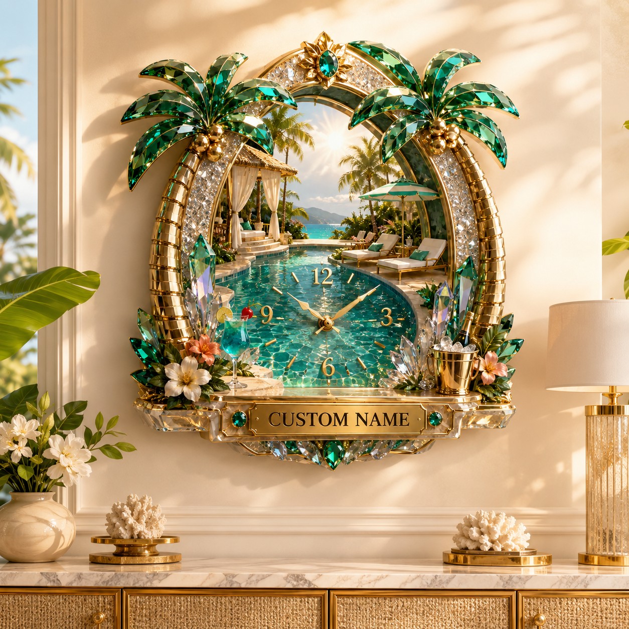 Personalized Tropical Pool Wall Clock with Custom Name — personalized with a custom name