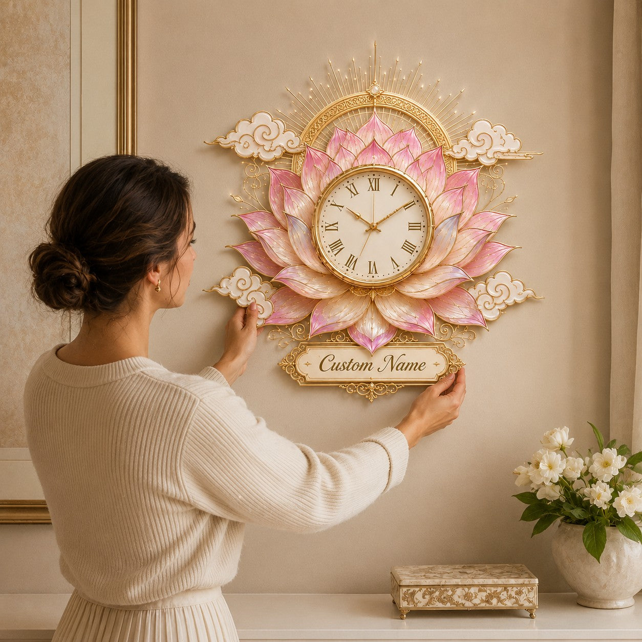 Personalized Lotus Lovers Wall Clock with Custom Name — personalized with a custom name