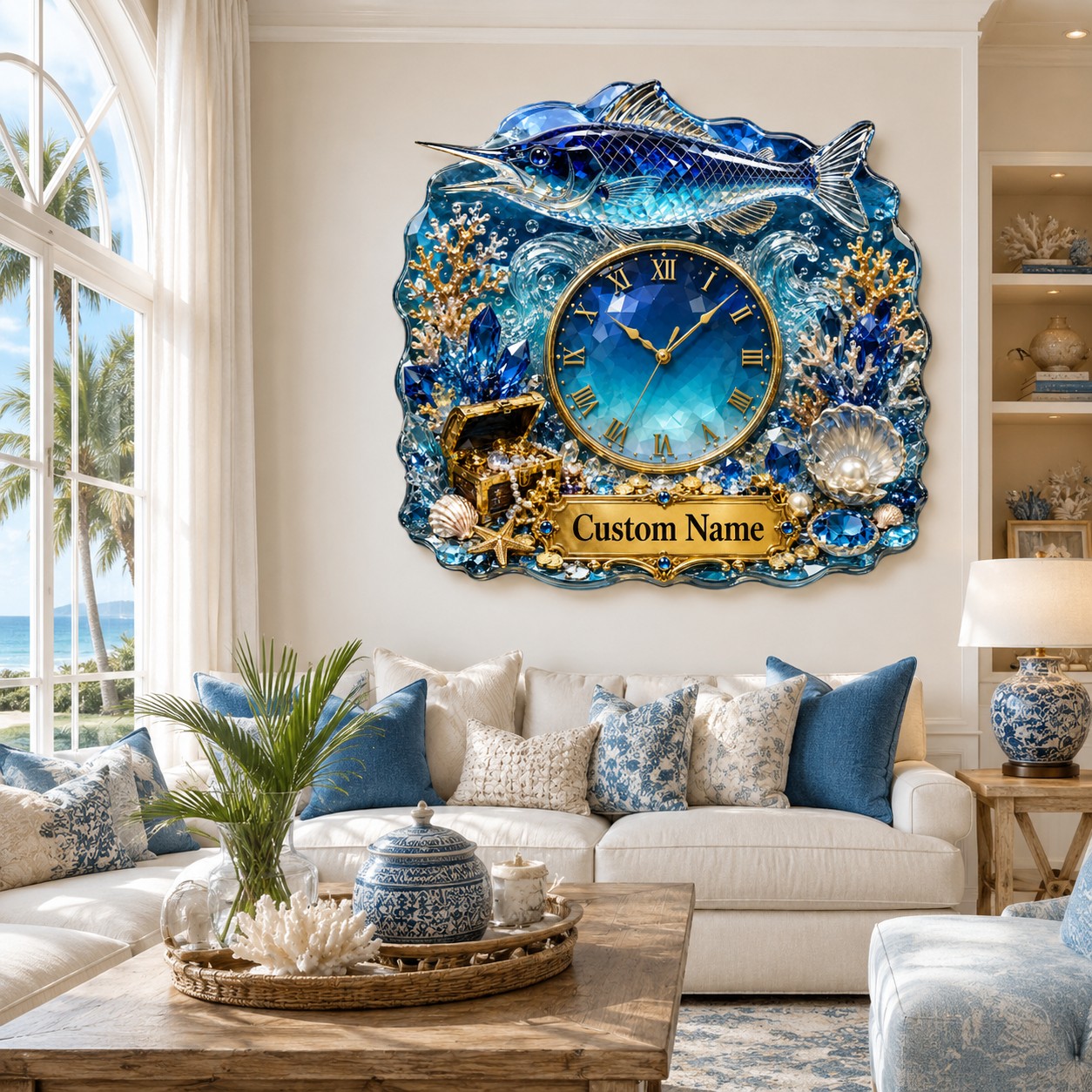 Personalized Sapphire Marlin Wall Clock with Custom Name — personalized with a custom name