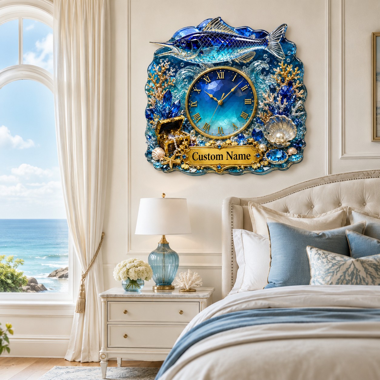 Personalized Sapphire Marlin Wall Clock with Custom Name — personalized with a custom name