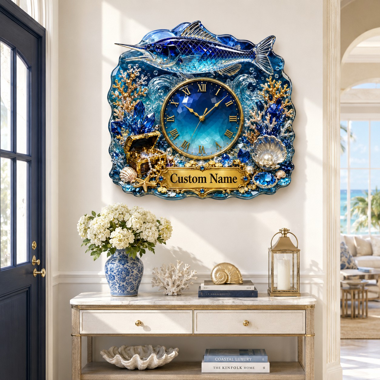 Personalized Sapphire Marlin Wall Clock with Custom Name — personalized with a custom name