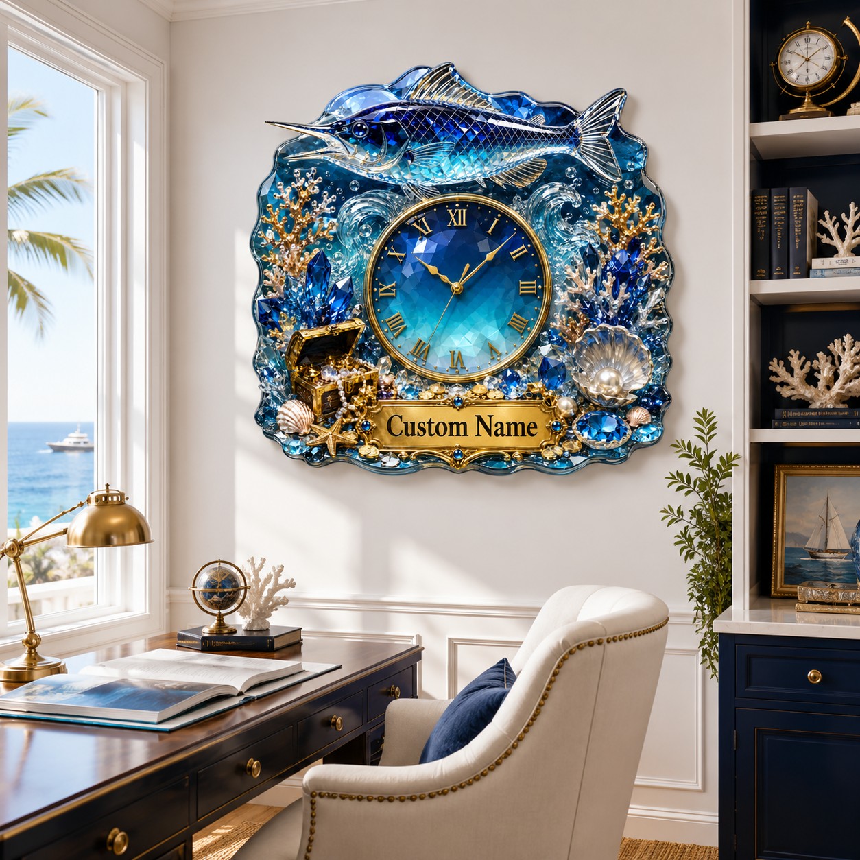 Personalized Sapphire Marlin Wall Clock with Custom Name — personalized with a custom name