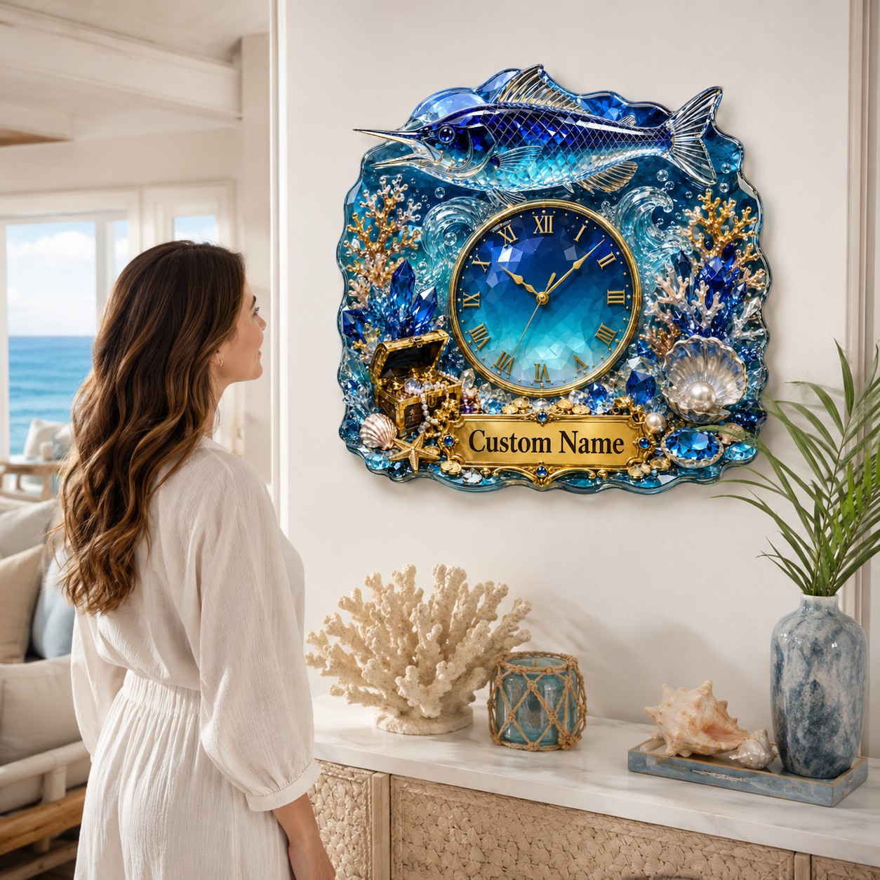 Personalized Sapphire Marlin Wall Clock with Custom Name — personalized with a custom name