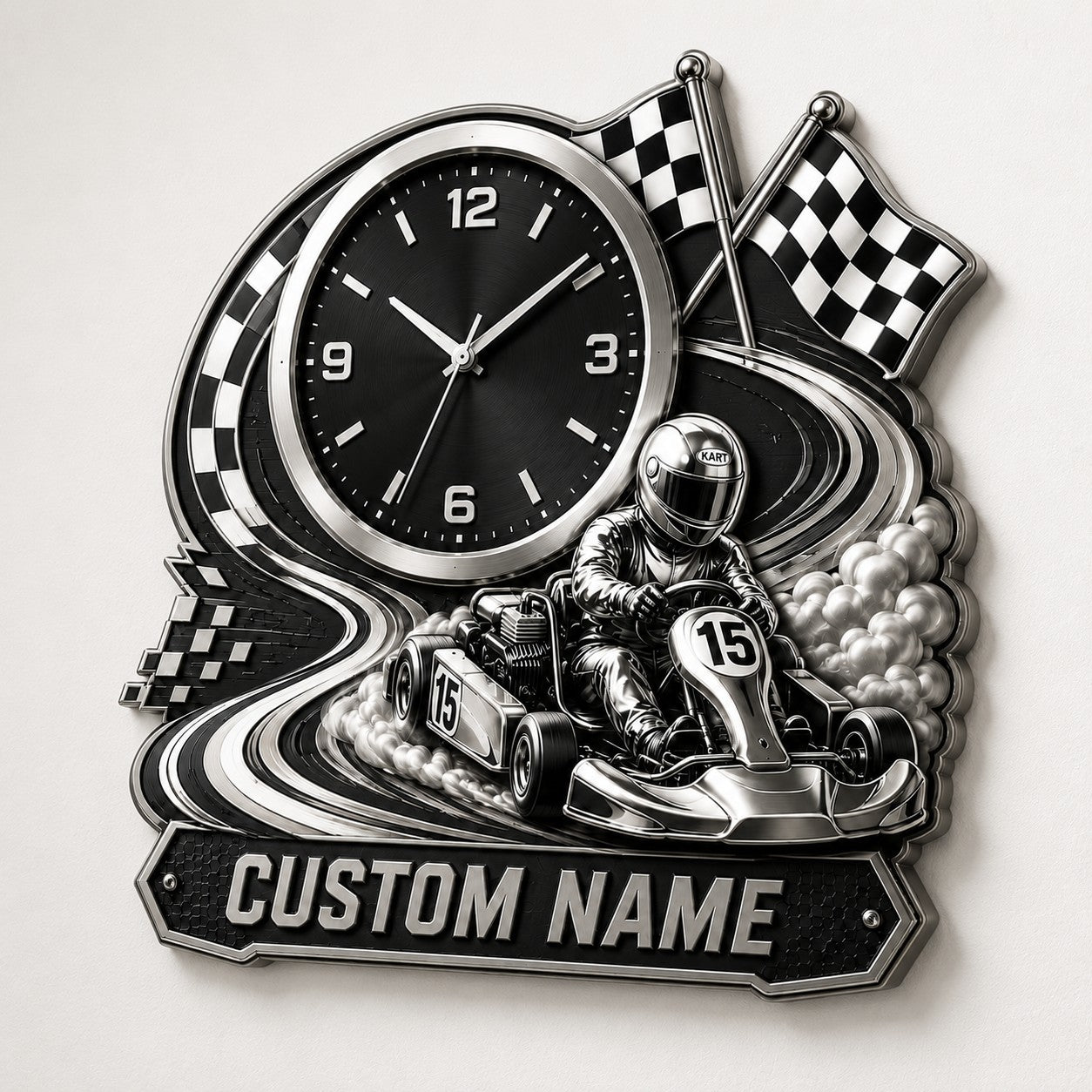 Personalized Karting Enthusiasts Wall Clock with Custom Name — personalized with a custom name