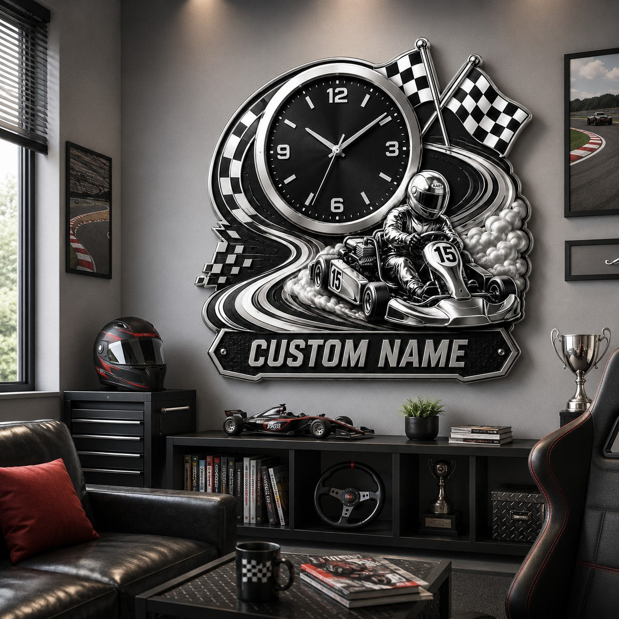 Personalized Karting Enthusiasts Wall Clock with Custom Name — personalized with a custom name
