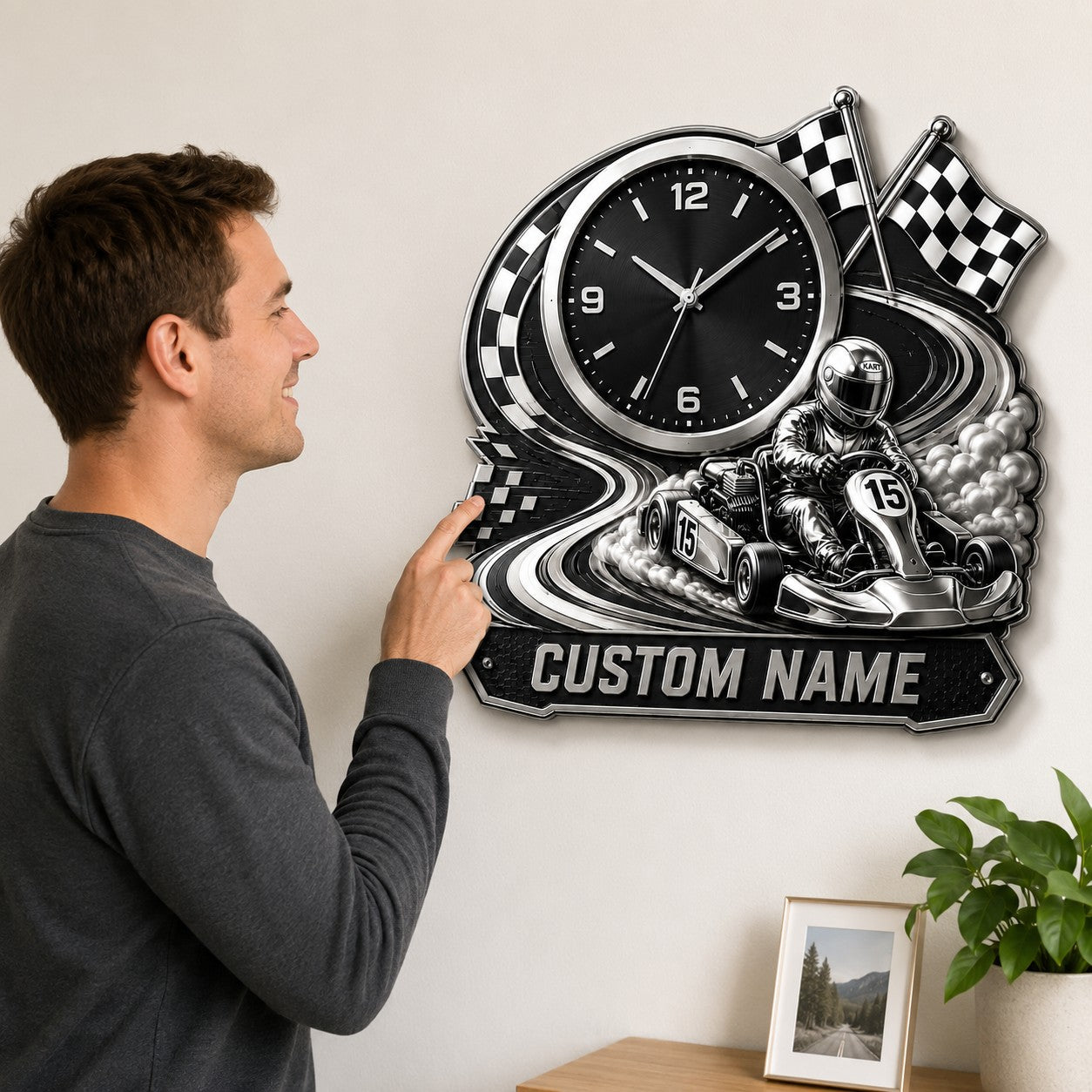 Personalized Karting Enthusiasts Wall Clock with Custom Name — personalized with a custom name