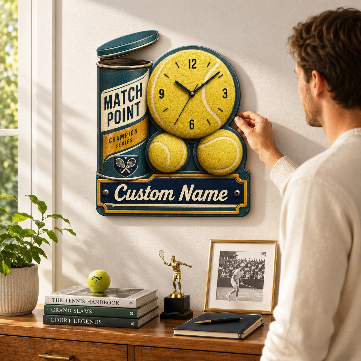 Personalized Tennis Ball Wall Clock with Custom Name — personalized with a custom name