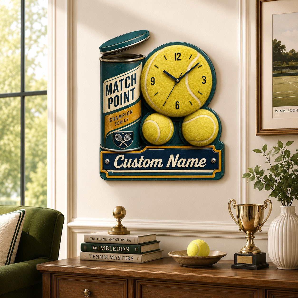 Personalized Tennis Ball Wall Clock with Custom Name — personalized with a custom name