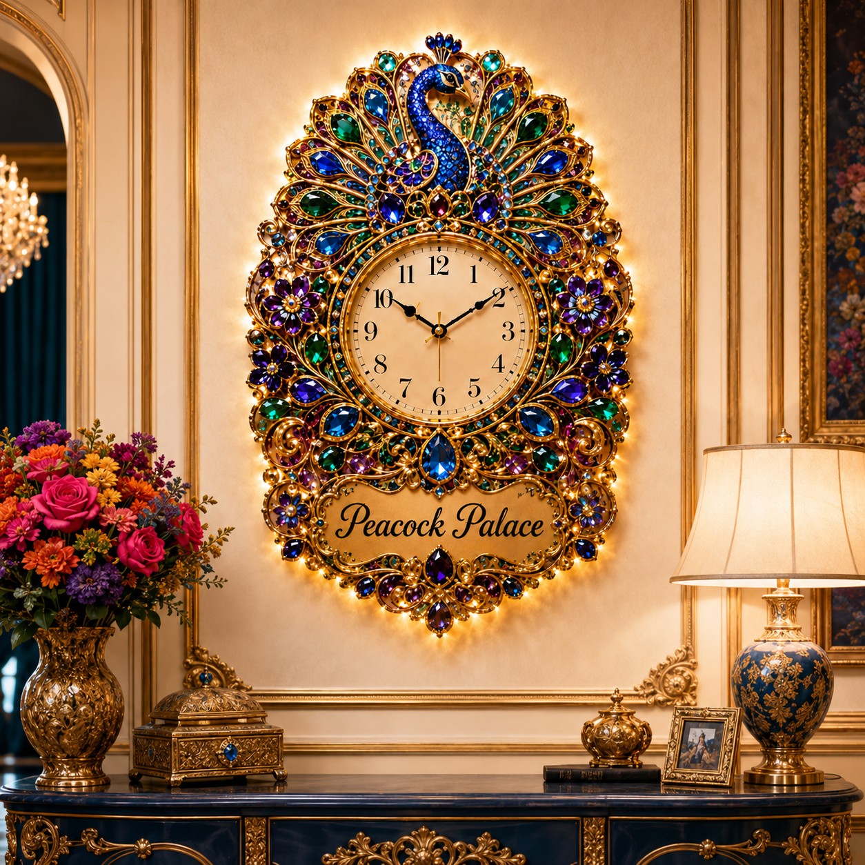 Personalized Peacock Wall Clock with Custom Name (Design 2) — personalized with a custom name