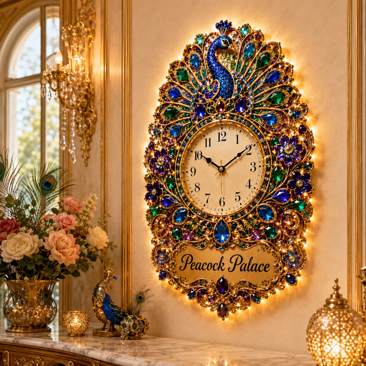 Personalized Peacock Wall Clock with Custom Name (Design 2) — personalized with a custom name