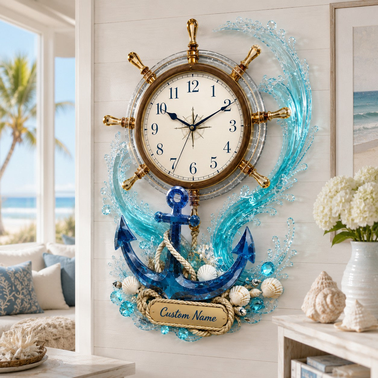 Personalized Nautical Wall Clock, Coastal Decor with Custom Name — personalized with a custom name