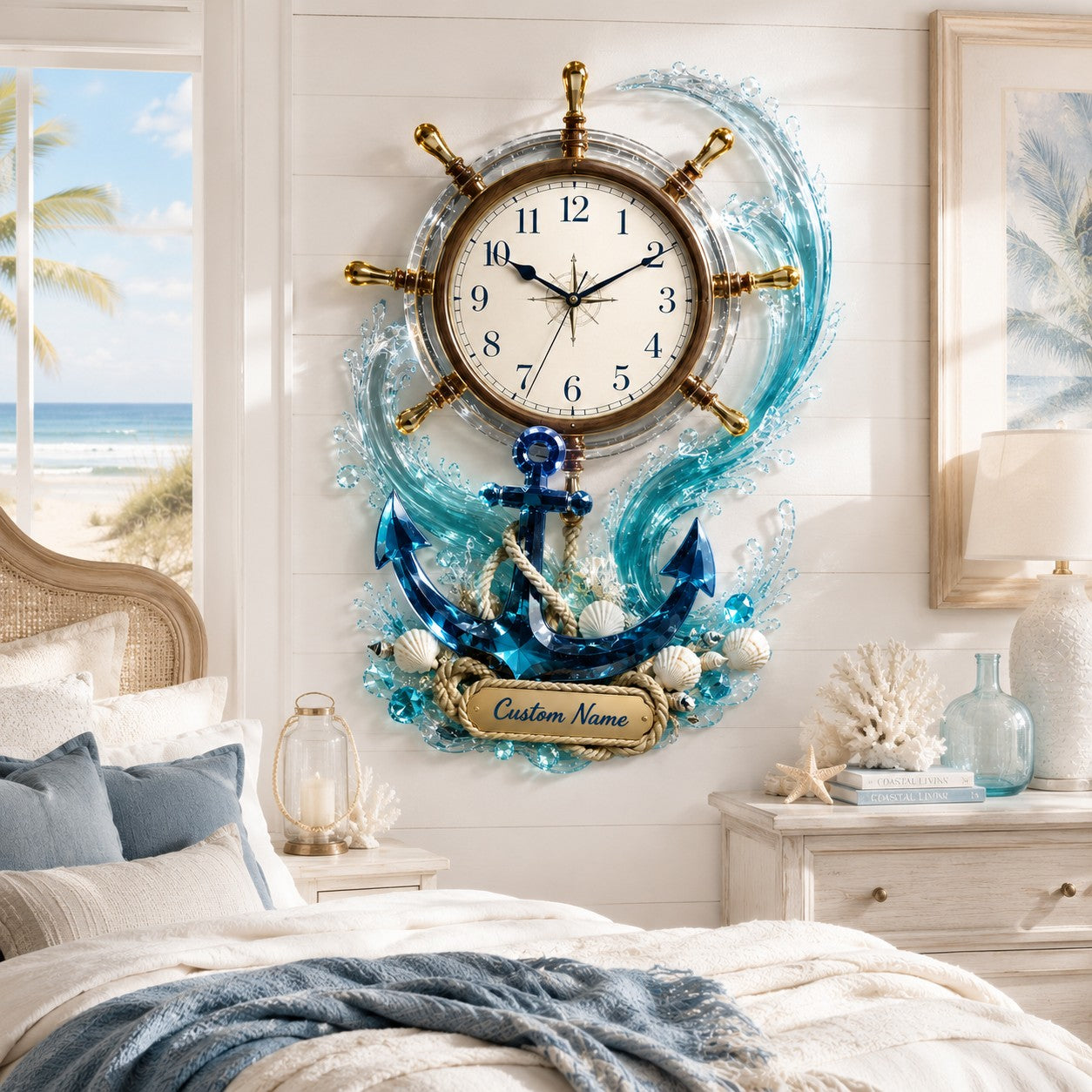 Personalized Nautical Wall Clock, Coastal Decor with Custom Name — personalized with a custom name
