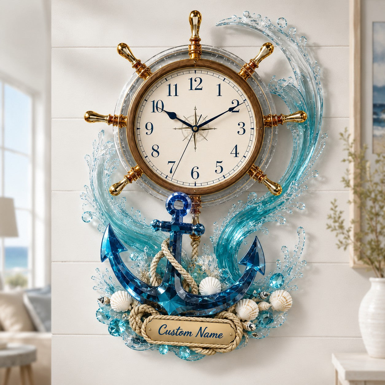 Personalized Nautical Wall Clock, Coastal Decor with Custom Name — personalized with a custom name