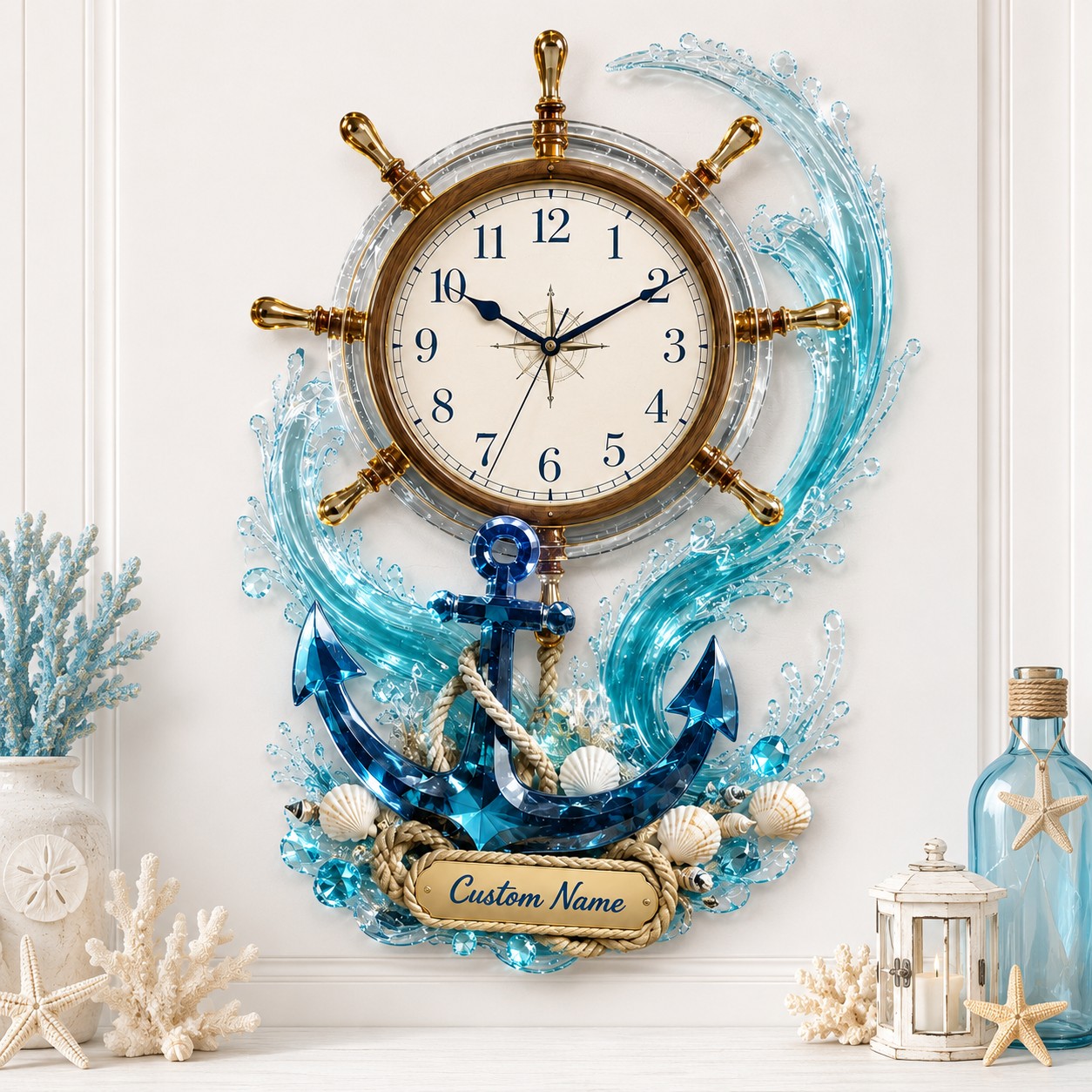 Personalized Nautical Wall Clock, Coastal Decor with Custom Name — personalized with a custom name