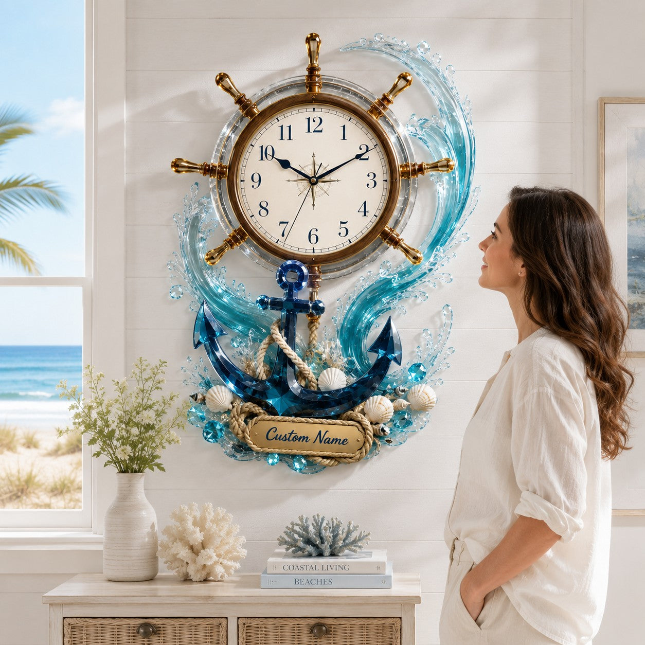 Personalized Nautical Wall Clock, Coastal Decor with Custom Name — personalized with a custom name