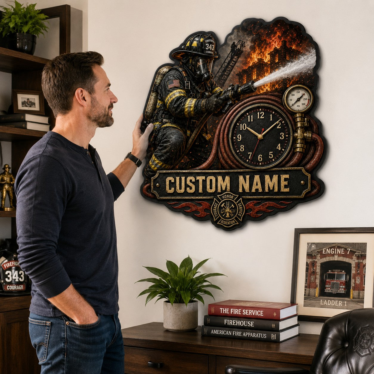 Personalized Firefighter Action Wall Clock with Custom Name — personalized with a custom name