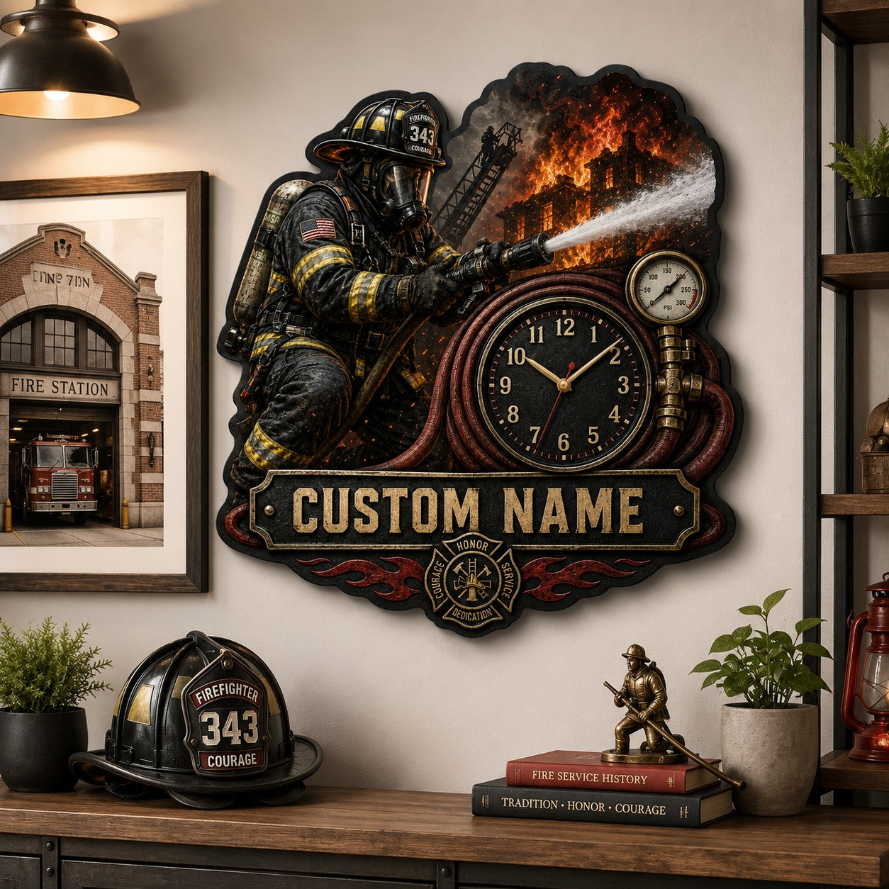 Personalized Firefighter Action Wall Clock with Custom Name — personalized with a custom name