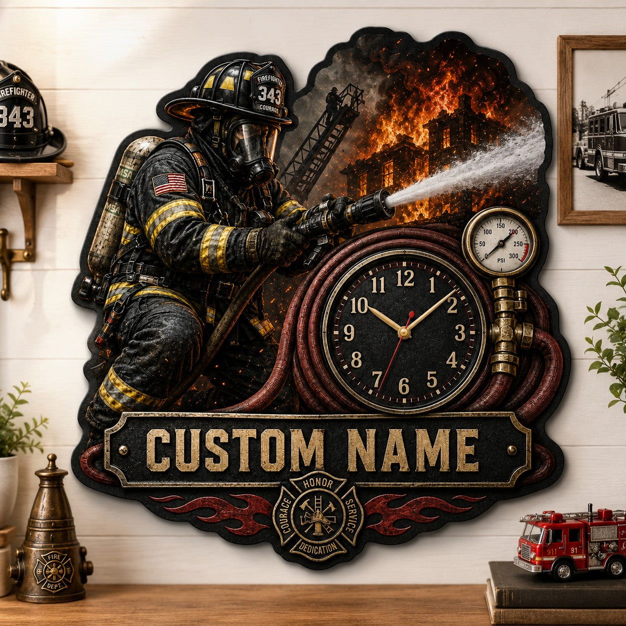 Personalized Firefighter Action Wall Clock with Custom Name — personalized with a custom name