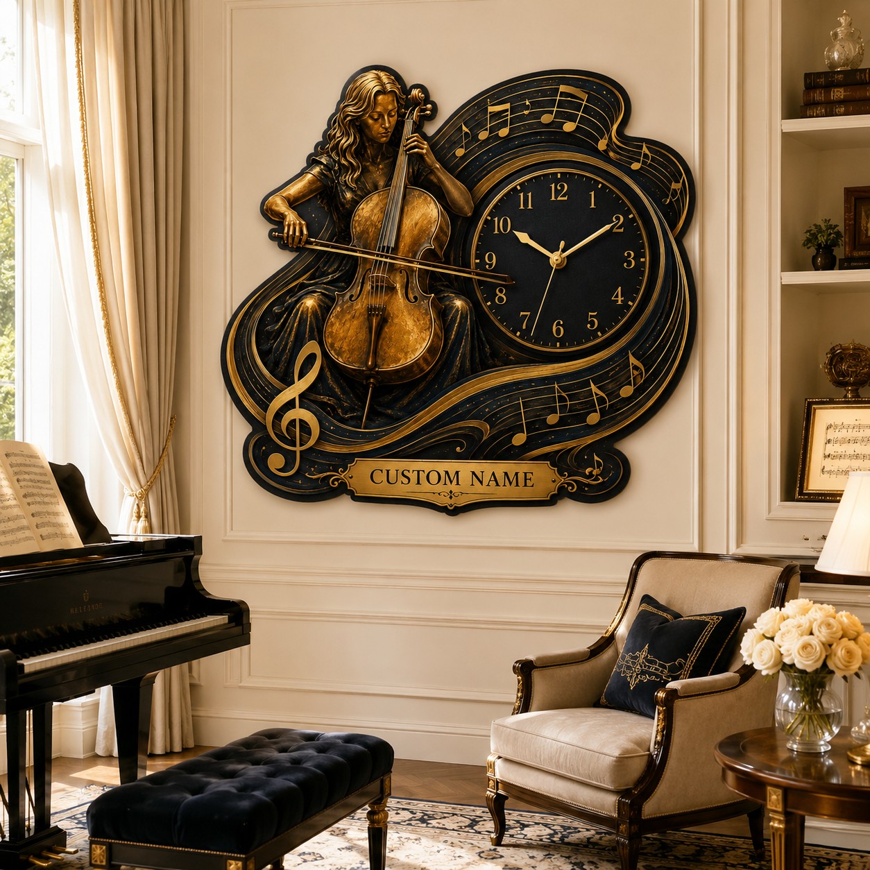 Personalized Classical Musicians Wall Clock with Custom Name — personalized with a custom name