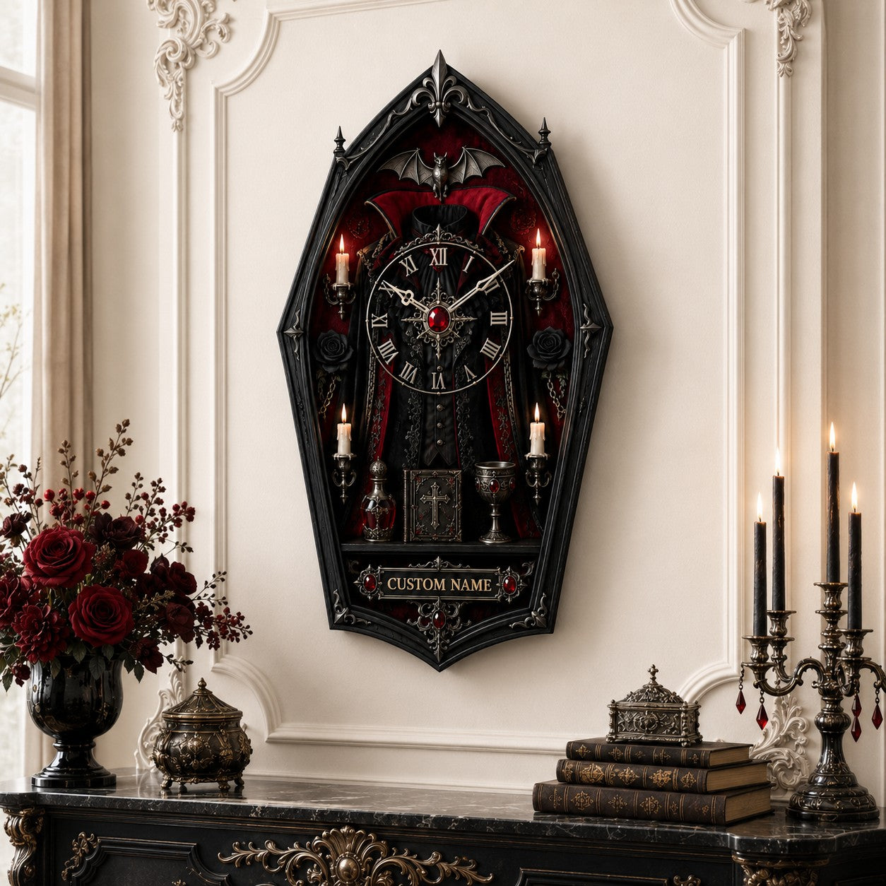 Personalized Gothic Coffin Wall Clock with Custom Name — personalized with a custom name