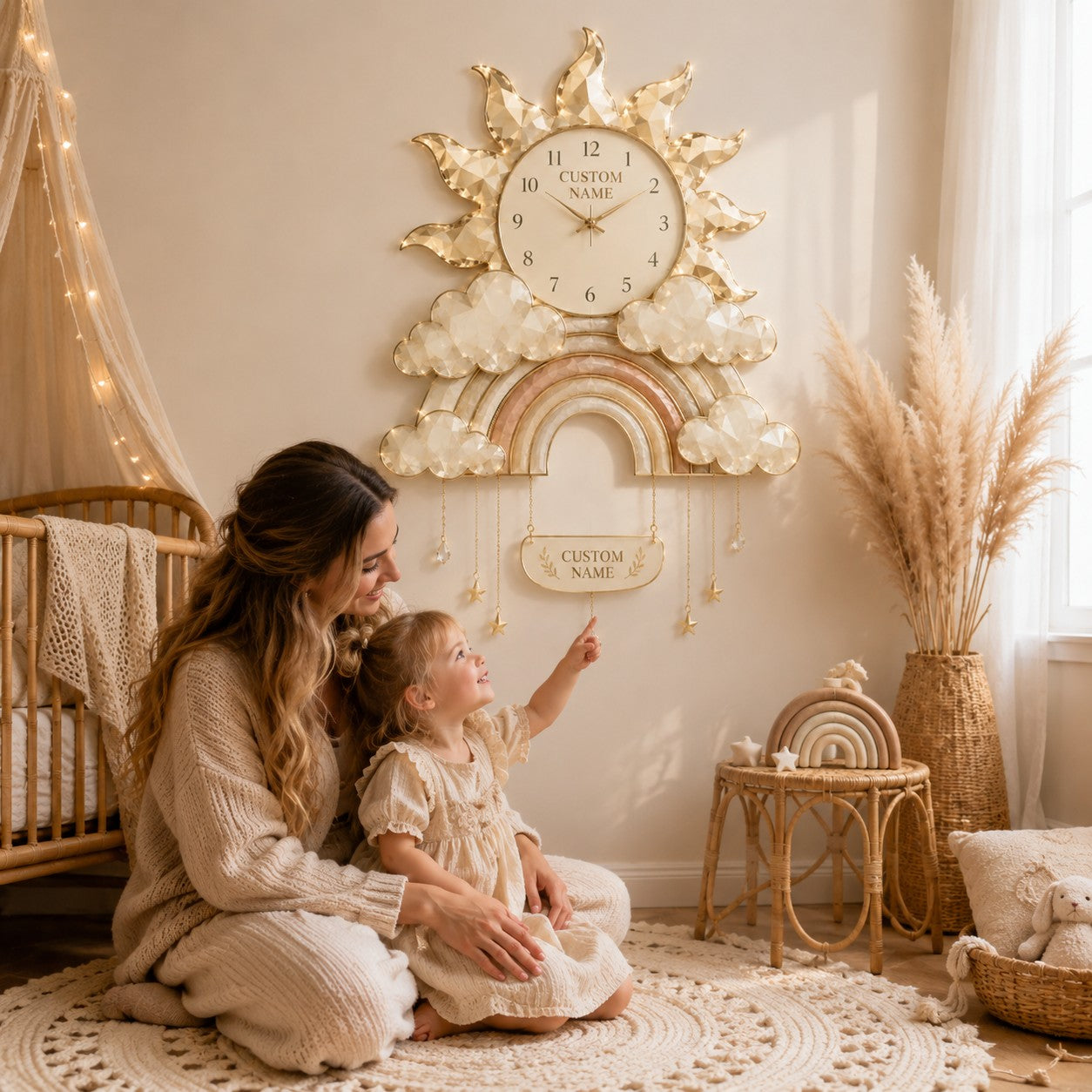 Personalized Boho Rainbow Nursery Wall Clock with Custom Name — personalized with a custom name